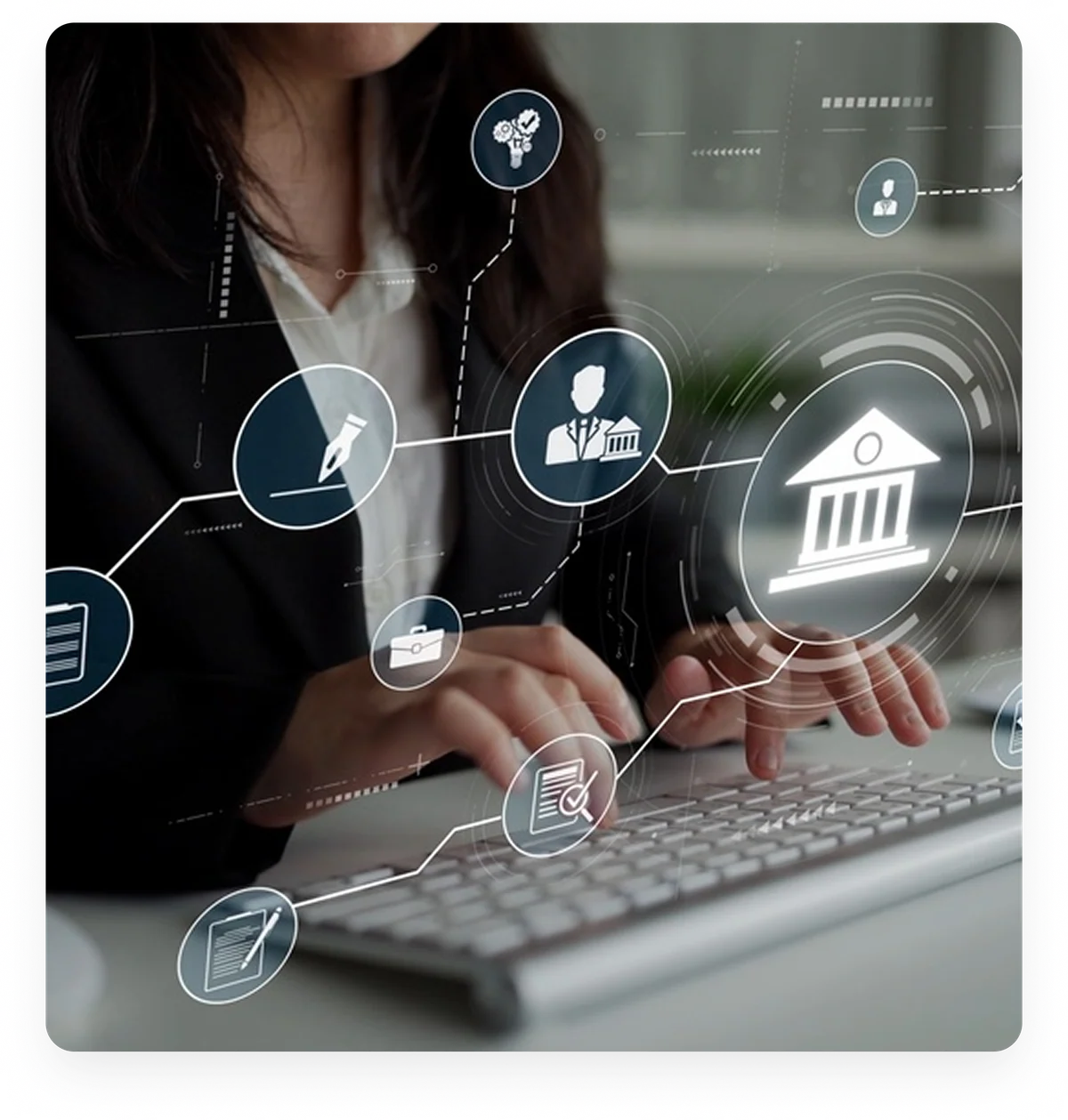 A professional typing on a keyboard, overlaid with glowing identity and public-administration icons