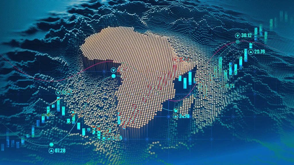 A 3D pixel-block map of Africa overlaid with market charts and data points