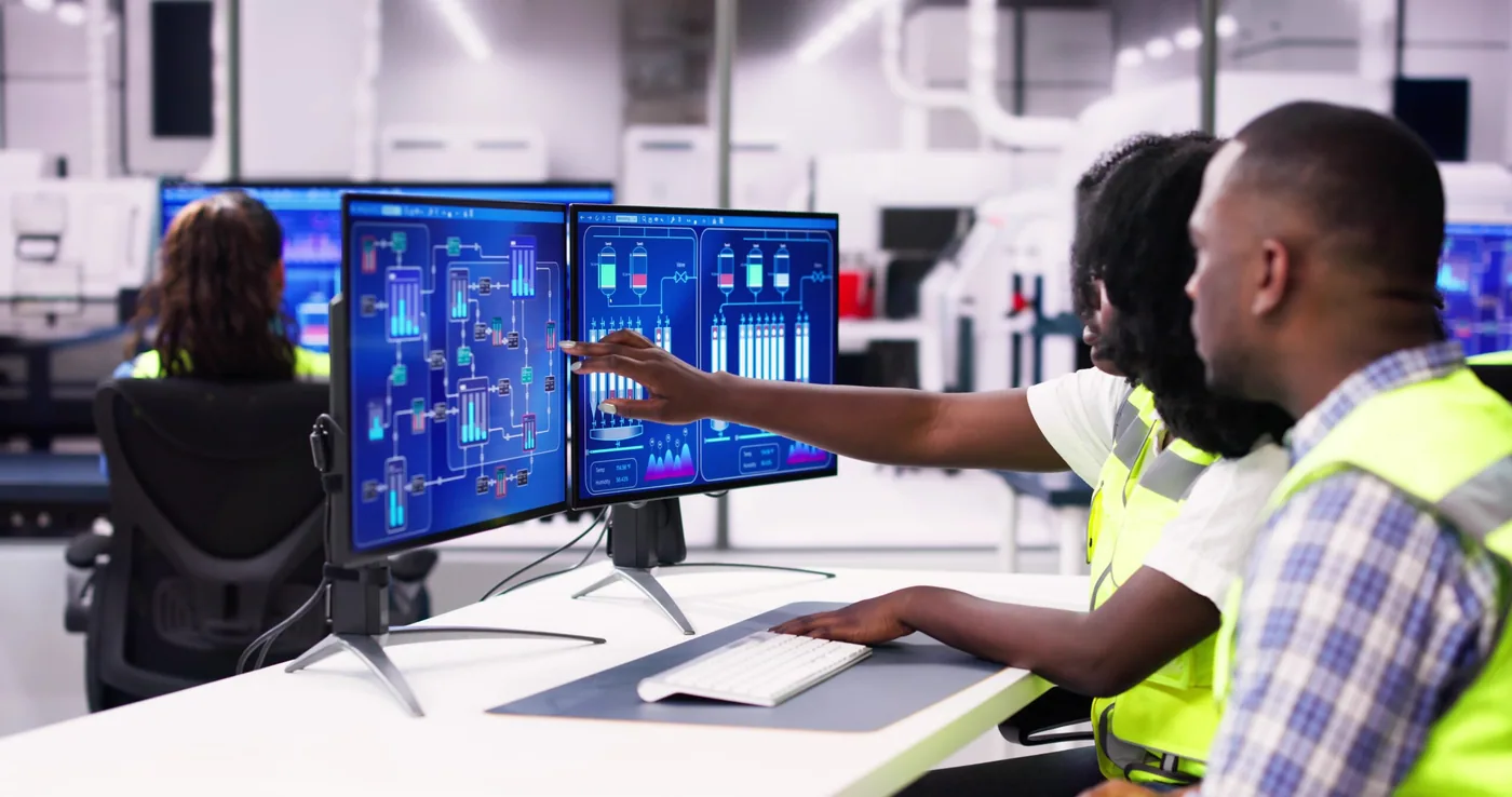 Utility control-room engineers reviewing network schematics on dual monitors