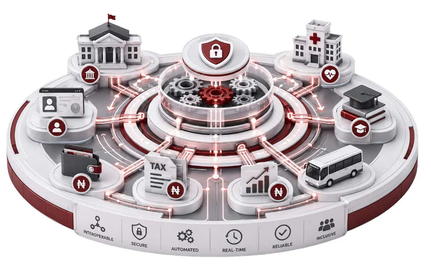A 3D platform with tiles for government, health, education, transport, tax and identity services, connected to a central secure core